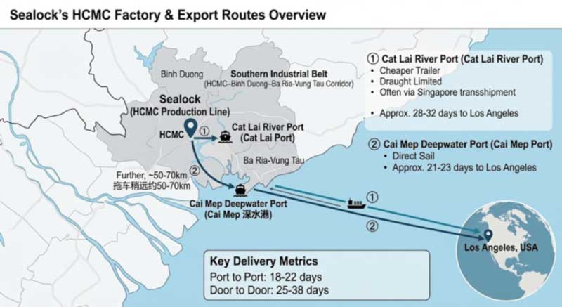 map of Sealock Ho Chi Minh City cooler production line and its two export routes via Cat Lai and Cai Mep ports to the US