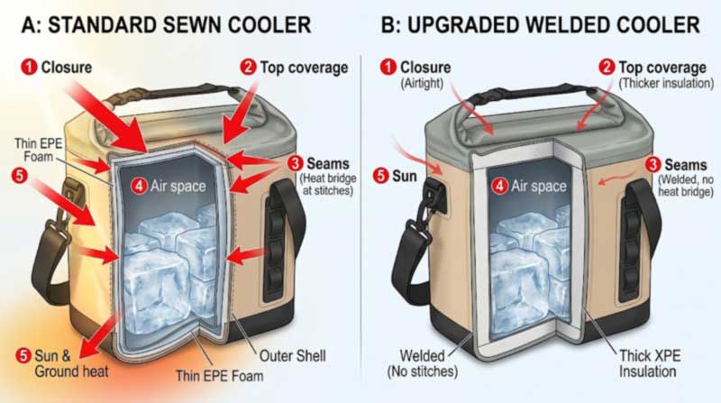 where a soft cooler loses cold: closure, top insulation, seams, air space and sun