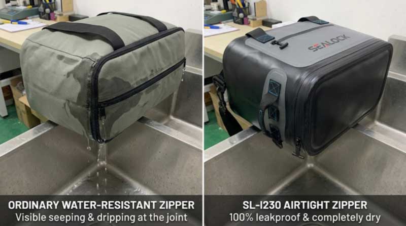 side-on leak check of a soft cooler bag zipper over a sink side-on leak check of a soft cooler bag zipper over a sink